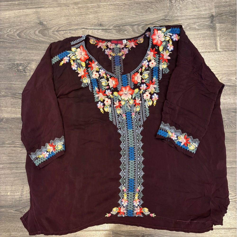 Johnny Was Burgandy Floral Embroidered Top